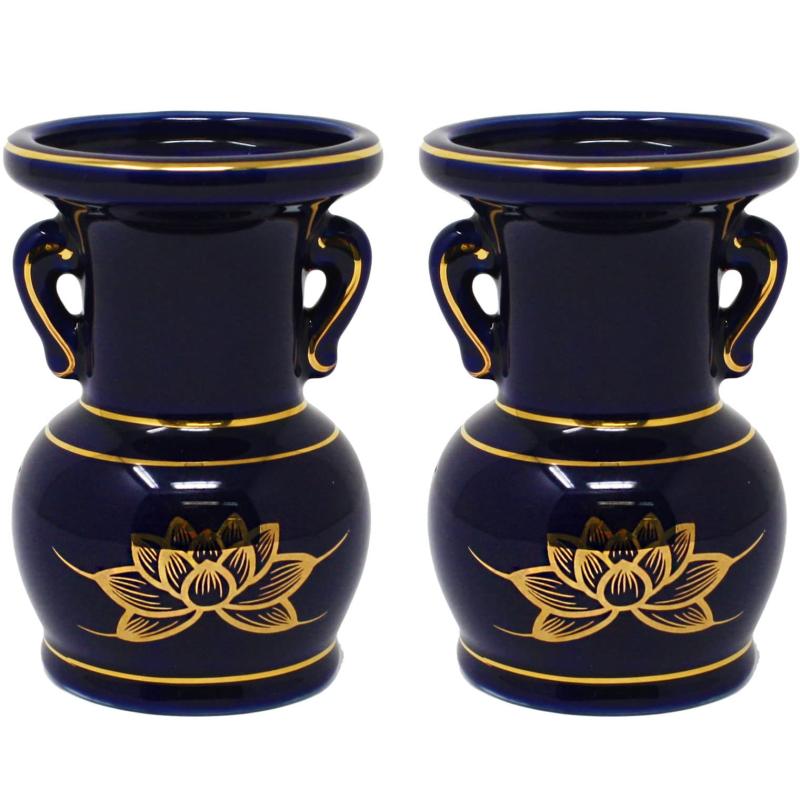 A&K 仏具 仏花立て 2点セット (一対/瑠璃金 ハス/紺) 仏壇用 花器 花瓶 お供え (直径7×高さ10.5cm) 花立て 3.5寸 陶磁器 お盆 彼岸 お悔み