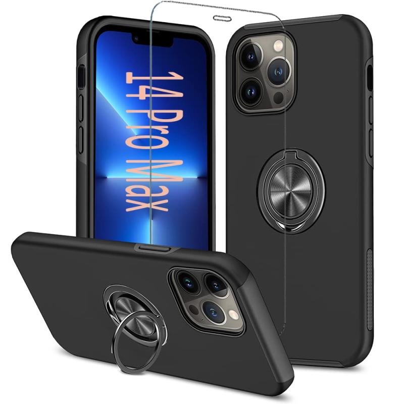 Rakuten - iPhone 14 Pro Max 用 ケース フィルム付き リング スタンド付き 耐衝撃 いphone14pormax 対応 カバー 耐衝撃ケース リング付きケース