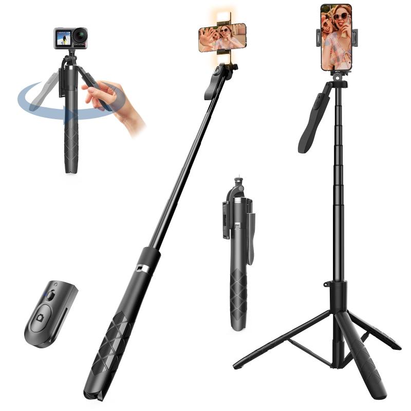 自撮り棒 150cm スマホ三脚 伸縮式自撮り棒 旅行用三脚 360°自由調整 じどり棒 Bluetoothリモコンと補光ランプ付き 手ブレ防止 折畳み式 超軽量iPhone/Android/カメラ/ に対応 (L16)