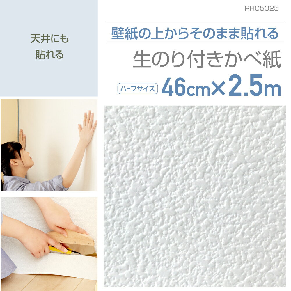 Rakuten - RH05025　壁紙の上から貼れる生のり付き壁紙　46cm×2.5m　繊細なテクスチャーのホワイト