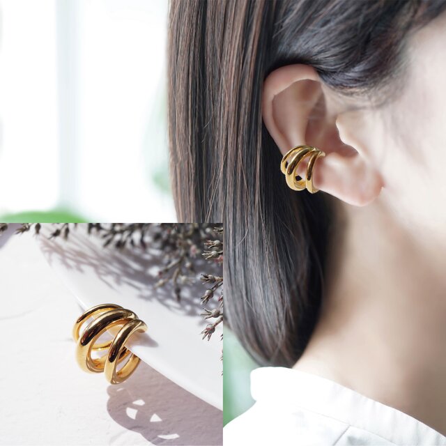 一つで3連★サージカルステンレスのイヤーカフ_片耳 〜さざ波 ステンレス ゴールドステンレス サージカルステンレス モード デザイン ゴールド シルバー 天然石...