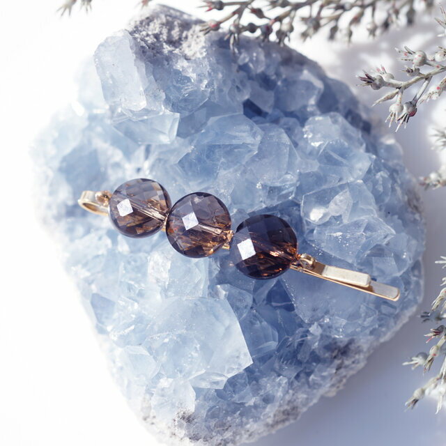 上品!スモーキークォーツの連なるジュエルヘアピン 〜伽羅色(きゃらいろ)ジュエリー アクセサリー ストーン シンプル ハンドメイド プレゼント ギフト デザイン...