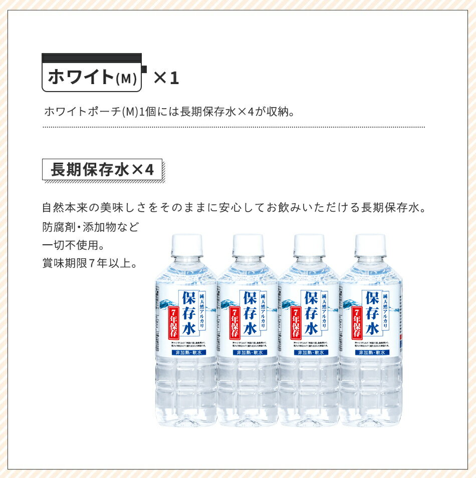 防災 ポーチ【 長期保存水 4本セット｜白M / ホワイトM 】500ml 賞味期限 5年以上 防災セット 防災グッズ 中身 中身だけ 地震 対策 災害 ミネラルウォーター ペットボトル 単品 備蓄 水 保存水 天然水 防腐剤 添加物 一切不使用