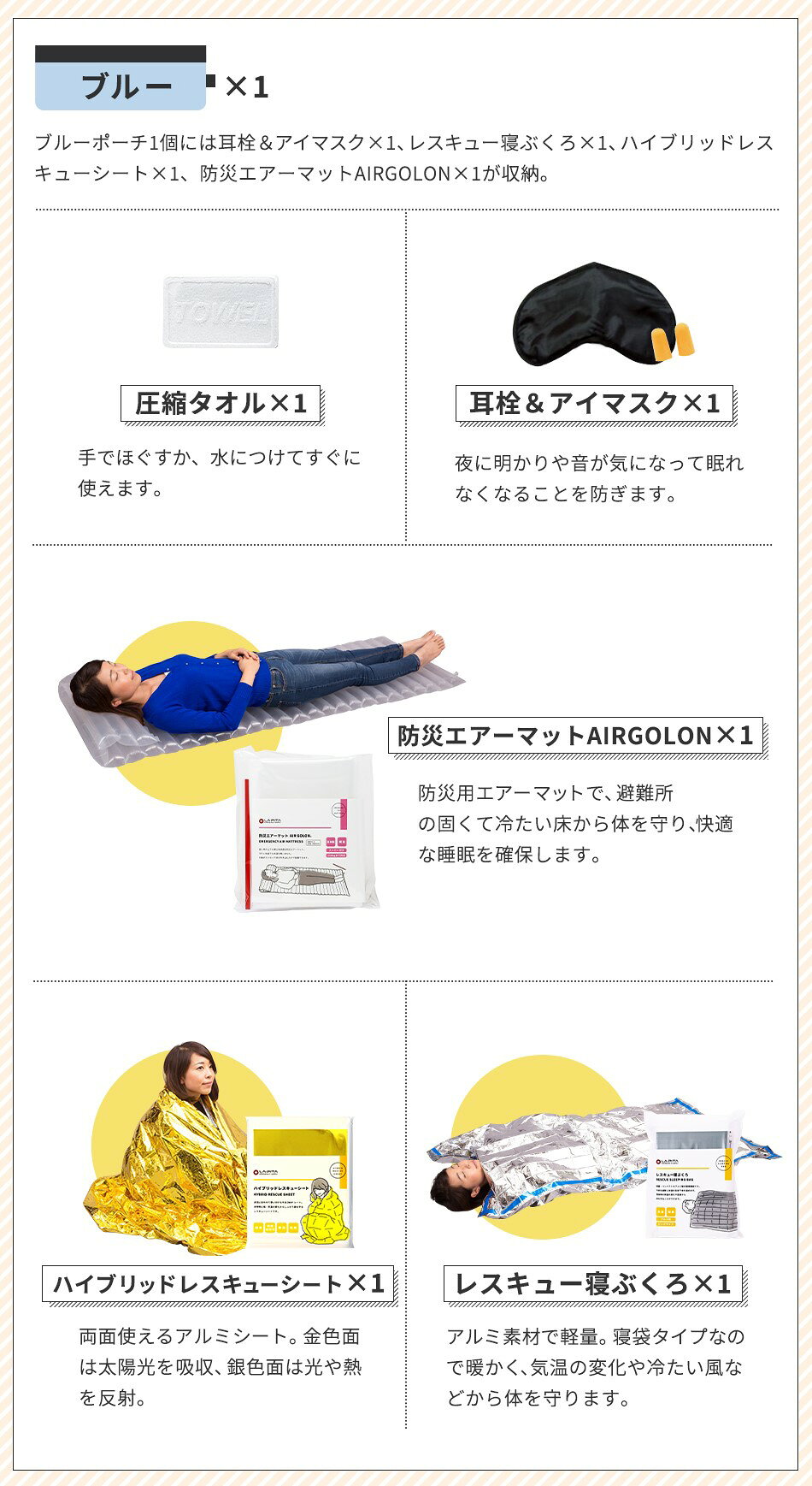 防災 ポーチ【 安眠・防寒 セット｜青 】防災セット 防災グッズ 中身 中身だけ 防...