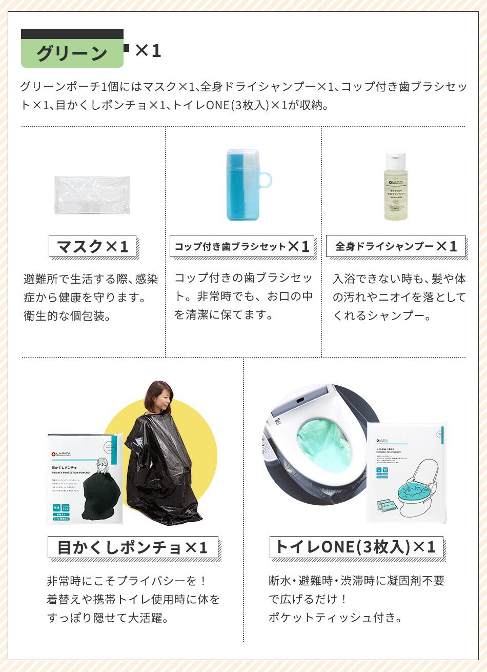 防災 ポーチ【 トイレ・衛生 セット｜みどり / グリーン 】防災セット 防災グッズ 中身 中身だけ 非常用 簡易 トイレ 吸水ポリマーシートタイプ 目かくし ポンチョ 水がいらない 全身 ドライシャンプー コップ付き歯みがきセット マスク 地震 対策 災害