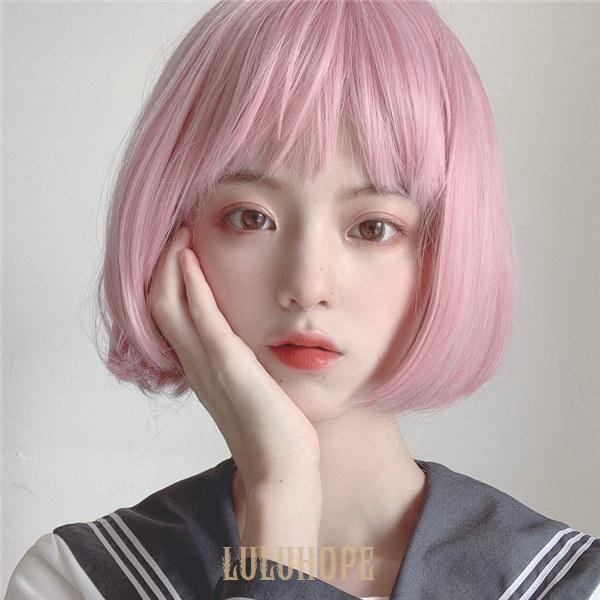 ウィッグ フルウィッグ ピンク ボブ ショート 自然 かつら イメチェン ぱっつん前髪 普段使い wig ショートボブ