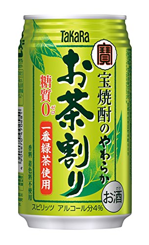 ●内容量 350ml×24本 ●原材料 焼酎、緑茶(一番緑茶20%)、ビタミンC ●アルコール分 4％ ●商品特徴 一番緑茶を使用し、ベースアルコールに宝焼酎を使用した無炭酸のお酒です。素材本来の味わいが楽しめる糖質ゼロ、香料・着色料不使用の本格緑茶割りです。お食事と一緒に、またお風呂上がりに、お気軽にお楽しみいただけます。無炭酸なのでお腹にたまらず、食事と一緒に楽しむのに最適です。