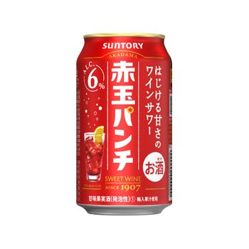 ●内容量 350ml ●原材料 炭酸　酸味料　ブドウ色素　酸化防止剤（亜硫酸塩） ●味わい ●味わい 甘口 ●商品特徴 「赤玉パンチ」は、明治40年（1907年）の発売から今年で113年を迎えた「赤玉スイートワイン」をソーダで割った、はじける甘さの“ワインサワー”です。ほのかな甘みと炭酸の爽快感にご好評いただいており、1.8万店を超える料飲店でご提供いただいています。「赤玉パンチ350ml缶」は、「赤玉パンチ」を再現した、ほのかな甘さとすっきりとした後味が特長で、多くのお客様からご好評いただいています。