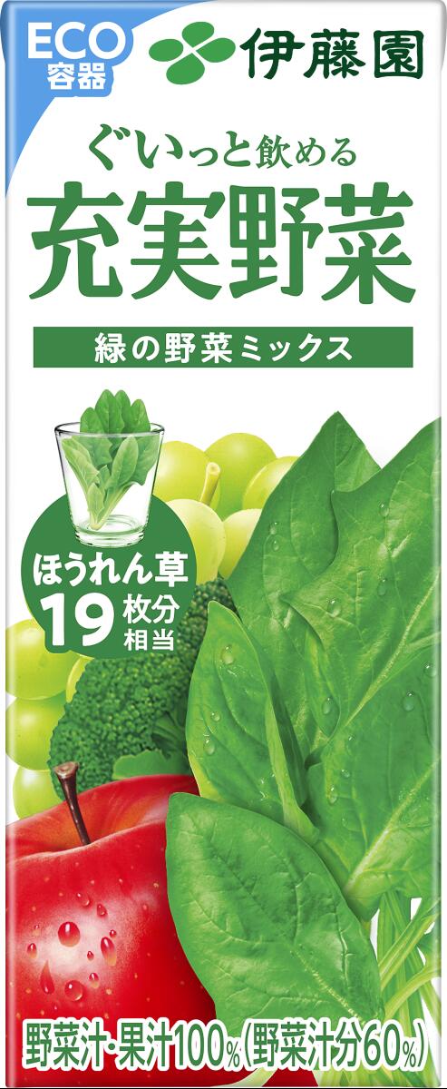 ●内容量 200×96本 ●原材料 野菜汁(ほうれん草、緑豆スプラウト(もやし)、にんじん、セロリ、ケール、モロヘイヤ、グリーンピース、きゅうり、インゲン豆、ブロッコリー、アスパラガス、ピーマン、小松菜、白菜、メキャベツの葉、あしたば、パセリ、クレソン、かぼちゃ、キャベツ、ラディッシュ、三つ葉)、果汁(りんご、ぶどう、レモン、オレンジ)、鉄酵母／香料、クチナシ色素 ●商品特徴 ほうれん草を主体に22種の野菜と、りんごを主体に4種の果実を使用した、野菜・果実混合飲料。日常生活で不足しがちな「鉄分」がきっちり摂取できます。今回、「りんごピューレ」を増量することで、果汁感を向上させよりすっきりとさわやかに味わいに仕上げました。葉野菜が苦手なお子様にもおすすめです。