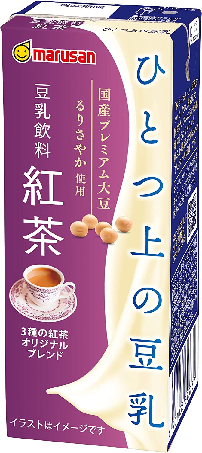 【内容量】 200ml 【原材料】 大豆(国産)、糖類(ぶどう糖果糖液糖、砂糖)、紅茶抽出液(ダージリン55%、ウバ25%、アッサム20%)、食塩/香料、pH調整剤 【商品特徴】 るりさやかは青臭みや渋みの成分を持たず、豆乳に適した大豆として独自開発したオンリーワン大豆です。 10000。本当に美味しい豆乳をつくるためマルサンがこだわりぬいたひとつ上の味わいをご賞味ください。(大豆固形分4%) バイオマスプラ25%配合のストローを使用しており、環境配慮へのこだわりも『ひとつ上』の商品です。