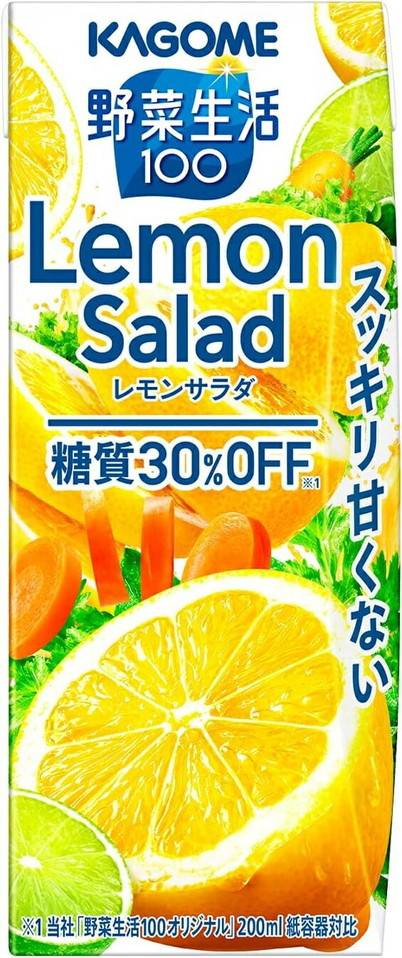 【容量】200ml 【原材料】野菜（にんじん（輸入）、小松菜、ケール、ブロッコリー、ピーマン、ほうれん草、アスパラガス、赤じそ、だいこん、はくさい、セロリ、メキャベツ（プチヴェール）、紫キャベツ、ビート、たまねぎ、レタス、キャベツ、パセリ、クレソン、かぼちゃ）、果実（レモン、りんご、ライム）、発酵にんじん汁／香料、ビタミンC、クエン酸 【商品説明】「野菜生活100」レモンサラダは、糖質30％オフ※1の野菜果実ミックス飲料です。1／2日分の野菜※2を使用しながらも食事にも合うすっきりとした甘くない美味しさを実現。※1当社「野菜生活100オリジナル」200ml紙容器対比※21／2日分の野菜とは、厚労省推進・健康日本21の目標値（1日350g）の約1／2である野菜175g分。野菜の全成分を含むものではありません。