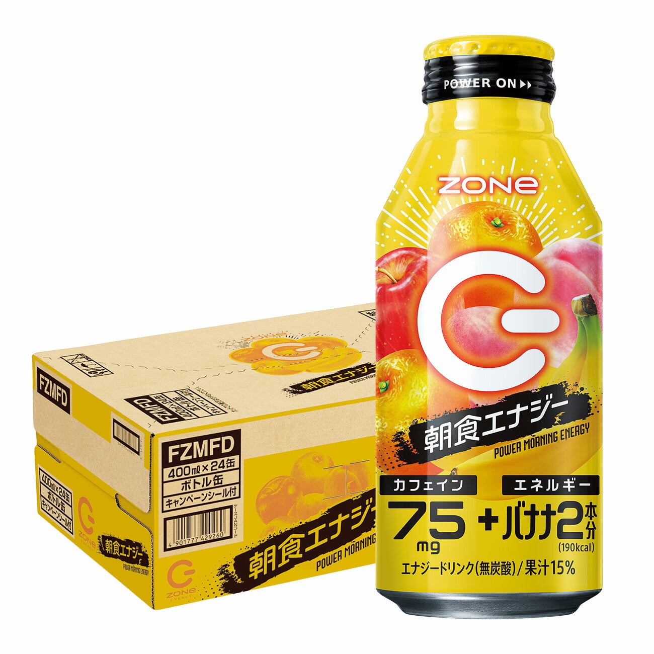 【内容量】 400ml 【原材料】 果実（りんご、もも、オレンジ、バナナ、マンゴー）、糖類（果糖ぶどう糖液糖、ぶどう糖、砂糖）／酸味料、香料、ビタミンC、アルギニン、増粘多糖類、甘味料（スクラロース）、カフェイン、ナイアシンアミド、ビタミンB6、ビタミンB2、ビタミンB1、カロチノイド色素 【商品特徴】 朝からブチ上げろ、朝食エナジー カフェイン75mgと、バナナ2本分のエネルギーを配合。ブドウ糖や1日分のマルチビタミンも配合し、朝に効率的にアタマ・カラダの起動感を感じられる設計を実現させました。バナナ・オレンジ・りんご・ももを含んだ、無炭酸の果汁15％で、朝食代わりになるような満足感のある味わい、飲みごたえです。
