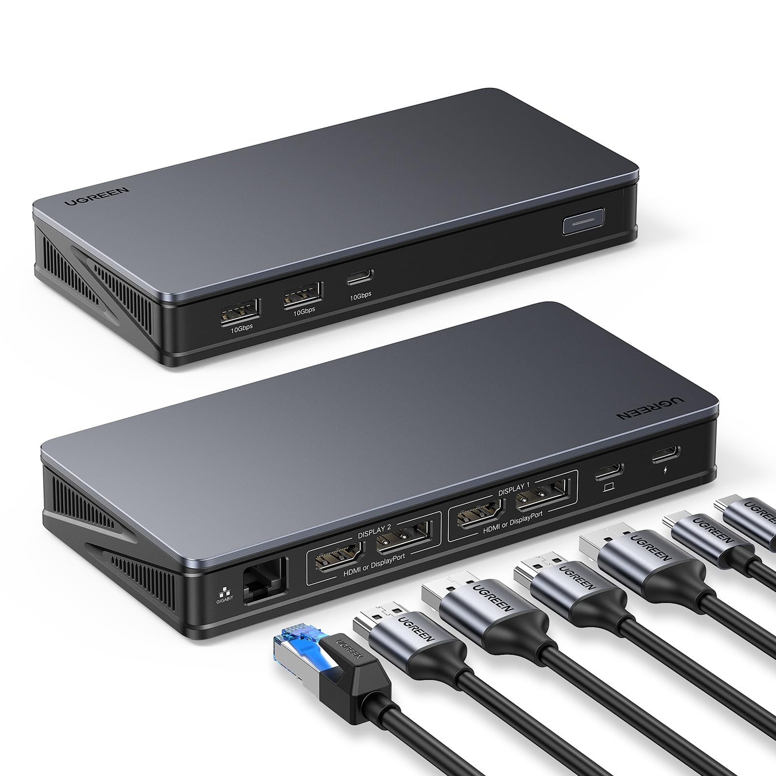 ・ 90912・【9 in 1 USB-C ドッキングステーション】マルチポート USB Type-C ハブは: 4K HDMI ポート*2、DP ポート*2、100W Type-C PD3.0 充電ポート*1、USB C 10Gbps データ転送ポート*2、USB 3.2 (USB-A)ポート* 2、1Gbps イーサネット/RJ-45 ポート*1、1 つの USB-C ドッキング ステーションでほとんどのデバイスを接続できます。家庭やオフィスのワークスペースの機能を拡張します。・【二つ 4K@60Hz 拡張 】USB C ポートは、Windows および macOS システムで最大 4K@60Hz のデュアル モニターへのメディア ディスプレイをサポートします (M1、M2 MacBook をサポート)。 モニターを同時に接続して、2 台のディスプレイで非常にクリアなストリーミングまたはミラーリングをお楽しみください。2xHDMI 4K メス: HDMI2.0、HDCP1.4 に準拠、HDR はサポートなし、ビデオ帯域幅 18Gbps、 2xDPメス4K DP1.2、HDUGREEN USB-Cハブ 2*USB-A+USB-C+2*HDMI+2*DP+RJ45+PD 4K@60Hz