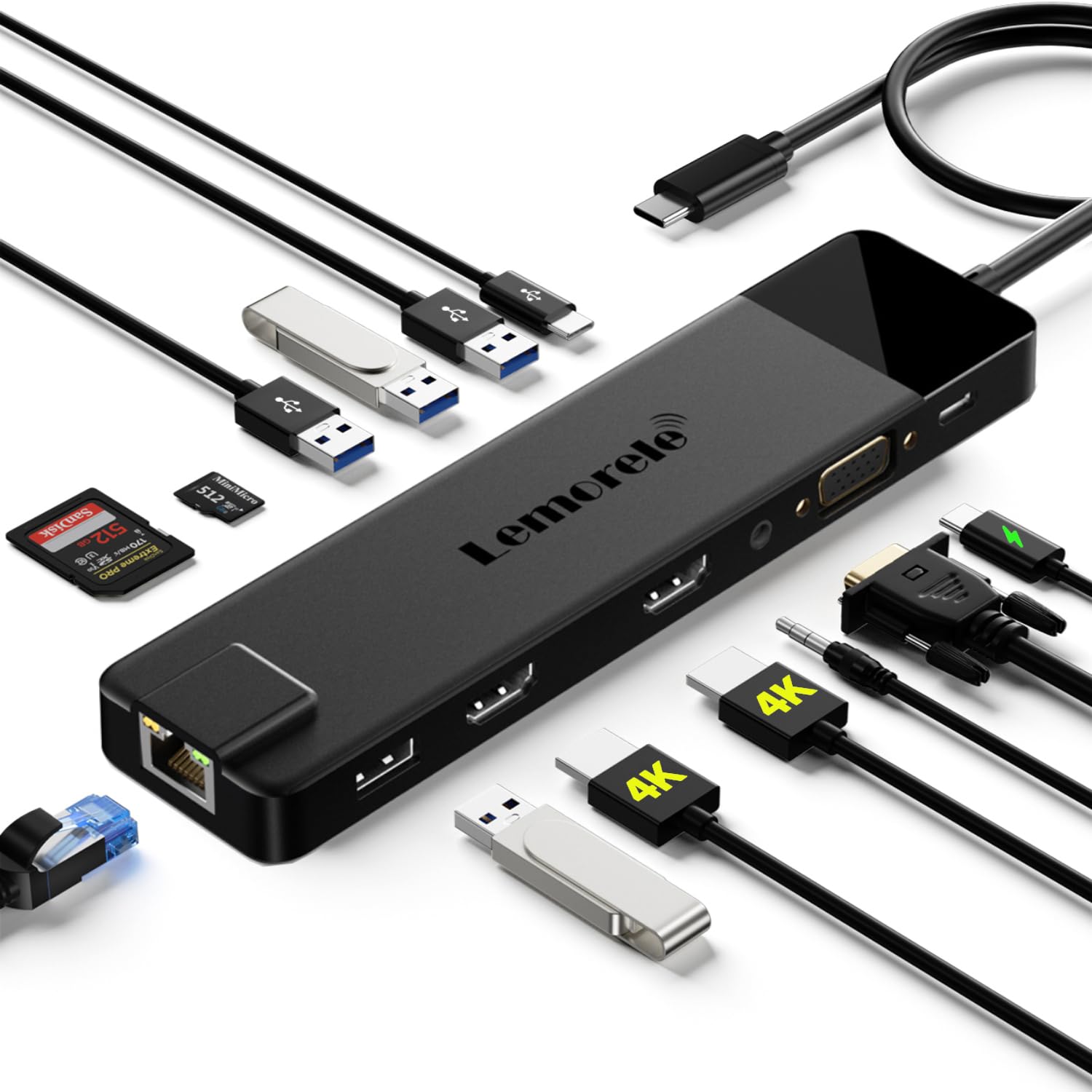 ・ブラック 13-in-1-LANハブ TC100・・Size:13-in-1-LANハブ・【13-IN-1 USB C LAN ドッキングステーション】USB 3.0(5Gbps)＊2+USB 2.0＊2、HDMIポート*2(4K@60Hz)、VGAポート(1080P)、Type C(5Gbpsデータ)& PD 100W 給電、RJ45ポート、3.5mmオーディオ、Micro SD/ TFスロット。日常必要されるポートをすべて備えています。高品質なプラスチック素材を採用して、耐振動・耐衝撃性にも優れています。・【デュアルHDMI 2 画面拡張+VGA双ポート】HDMIのみ出力：4K@60Hz；VGAのみ出力：1920x1080、HDMI＋VGA同時に出力:1080P、Dual hdmi出力：4K@30Hz；パソコン/スマホをテレビ、モニター、プロジェクターにミラーモードまたは拡張モード（Windowsシステムのみ）表示することができます。大画面ながら高精細な画像とクリアなサウンドをお楽しみます。・【USB-Cデータ転送&PD充電MAX100W】USB-C3.0ポートを