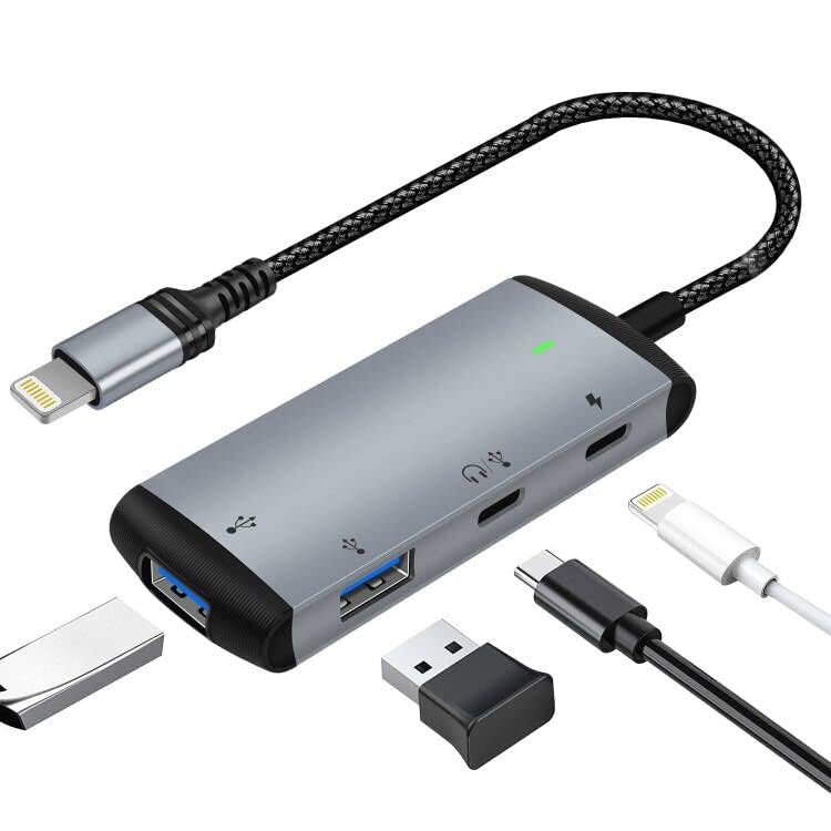 4 in 1 iPhone USB変換アダプタ USB-A拡張 Lighting急速充電ポートType C イヤホンオポート USB C 高速デ