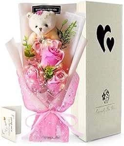 YOBANSA 熊君と花嬢ちゃん LED お祝い 母の日 花 母の日のプレゼント バラ 造花 ソープフラワー ギフト 人気 ローズ 花束 プレゼ