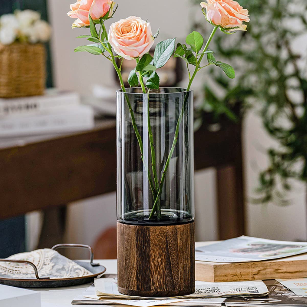 花瓶 ガラス 木製 フラワーベース 北欧 おしゃれ 花器 透明 ブラック グレー 大きい 花びん シンプル 高さ25cm 30cm 北欧 インテ