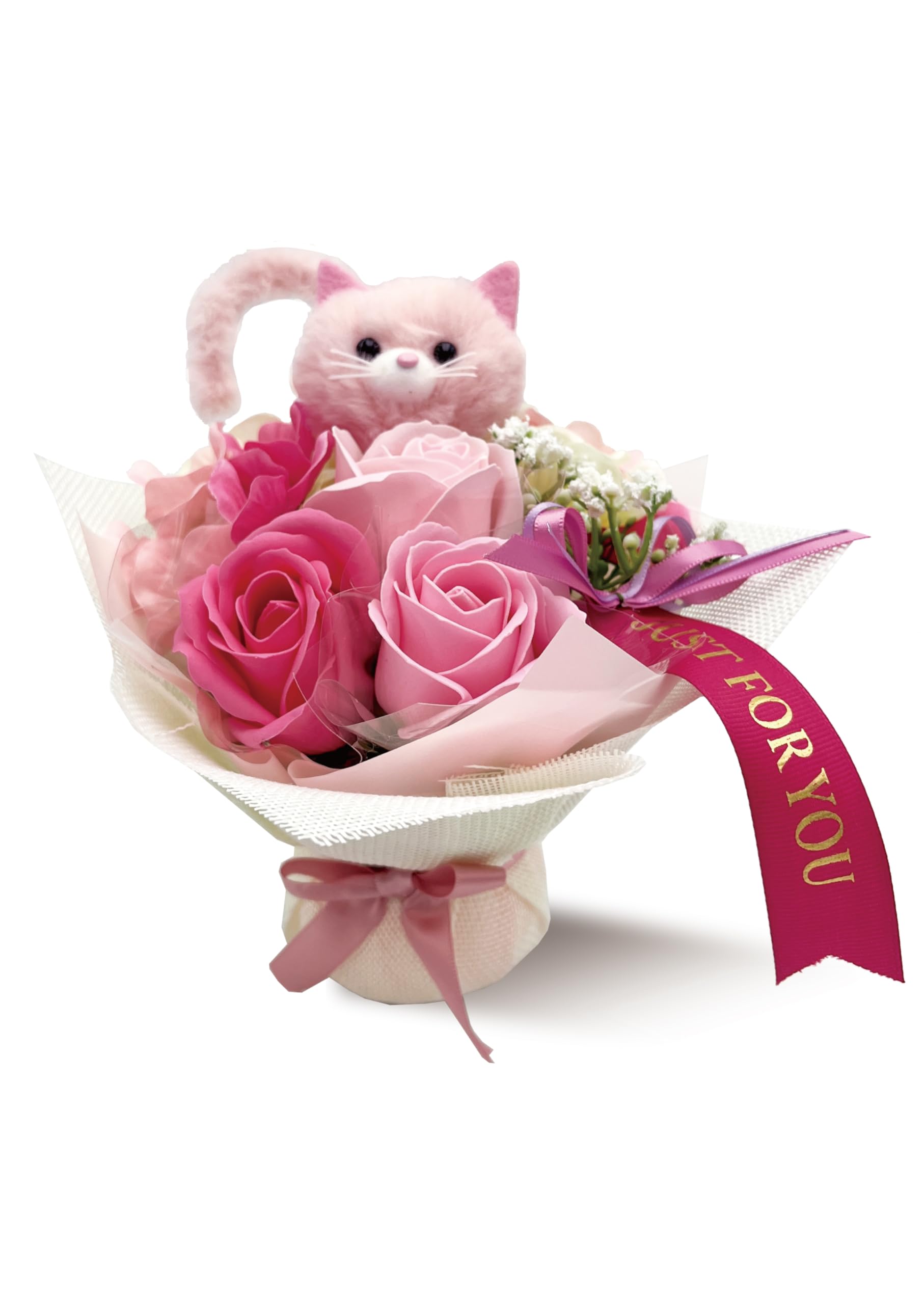 [ 2024年 母の日ギフト クリアバッグ付き ] ソープフラワー 母の日 マスコット ネコ 花 母の日のプレゼント ピンク バラ 花束 ブーケ