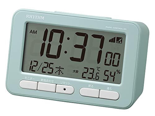 リズム(RHYTHM) 目覚まし時計 電波時計 電子音 アラーム (スヌーズ 付) 温度計 湿度計 カレンダー ブルー 7.8×12×5.4cm