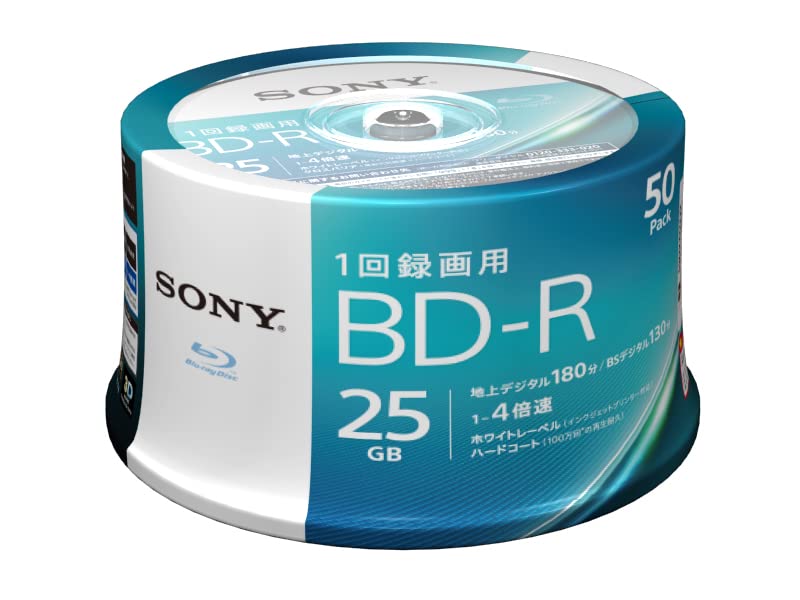 ・ 50枚スピンドル 50BNR1VJPP4・・PatternName:50枚パック・大切な映像の保存用ディスクに最適。傷・埃・汚れに強い高性能なハードコートを採用・規格:映像用BD-R 1層 入り数:50枚(スピンドル)・容量:25GB/1枚 盤面:ホワイトレーベル・倍速:4倍速対応(1-4倍速)・台湾製説明 充実したラインアップのブルーレイディスク インクジェット対応ワイド(BD-R 1層:4倍速) 傷・埃・汚れに強い高性能なハードコートを採用 ノンカートリッジタイプ 1回のみの録画が可能 4倍速対応ディスク(Blu-ray Disc Recordable Format Version 1.2) インクジェットプリンター対応(ワイドプリントエリア) 「わかりやすい」パッケージ表記