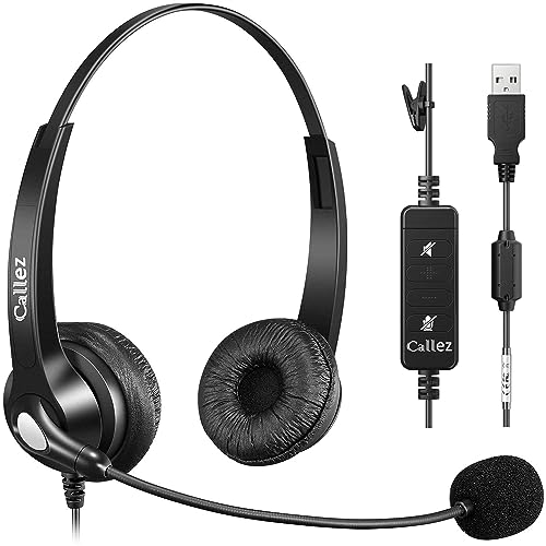 CALLEZヘッドセットUSB接続 両耳 ミュート機能付きPC用ヘッドセット ノイズキャンセリングマイクと音量..