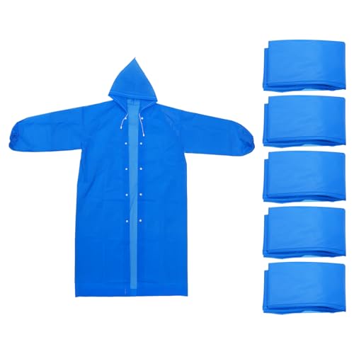 ・ Free Size ・カラー：ブルー；サイズ：115 x 69cm / 45.3 x 27.2インチ（縦×横）；パッキングリスト：レインポンチョ5枚・特徴：EVA素材で作られており、厚みがあり、防水性があり、持ち運びに便利で軽量で破れにくいです。キャップの紐が付いており、調節が柔軟で、効果的な保護を提供します。伸縮性のある袖口が付いており、風や雨に強いです。・用途：キャンプ、ハイキング、登山、釣り、旅行、ピクニック、冒険、サバイバル、緊急キット、フェスティバル、スポーツイベント、遊園地、マラソン、野外コンサートなどに最適です。・ワンサイズが全てに対応：ポケット、ハンドバッグ、バックパック、車に収納するのに適しており、あらゆる状況に備えて簡単に持ち運び、便利に使用できます。・注意：保管時には鋭利な物から離してください。購入前にサイズと色を確認してください。