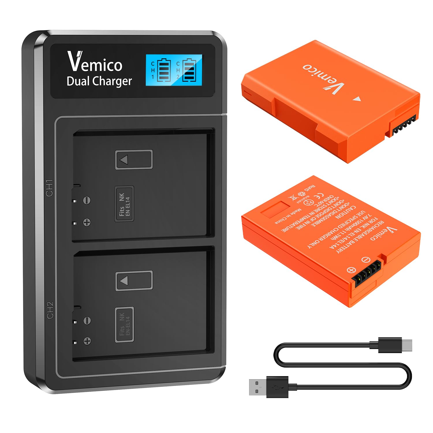 Vemico EN-EL14A/EN-EL14 obe[ 2*1500mAh LCDt[d EN-EL14drLbg Type-c USB