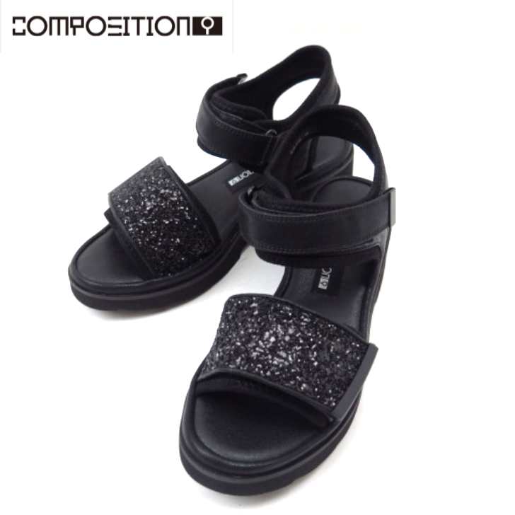 composition9 コンポジションナイン CP3079 ブラック(B) レディース 婦人靴 ラメ飾り ストラップ 厚底 ベルクロ