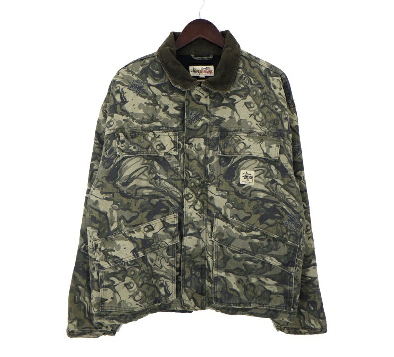 ステューシー STUSSY 【 WASHED CANVAS SHOP JACKET 】 ウォッシュド キャンバス ジャケット カーキ×ブラウン サイズM w26142【中古】