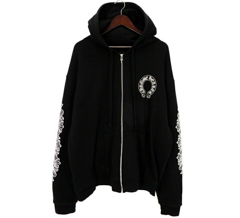 クロムハーツ CHROME HEARTS 【 SWTSHRT HD ZIP 】 バック ホースシュー 袖フローラル プリント ダガー ジップアップ フーディ パーカー ブラック サイズXL 49445 【中古】（楽天・SeekeR）