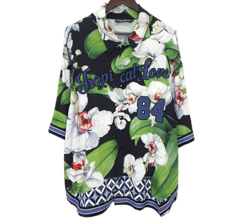 Rakuten - ドルチェ アンド ガッバーナ DOLCE & GABBANA 【 G9OY9Z/G7SJU 】 ボタニカル ジャージー 半袖 シャツ　ブラック×ホワイト×グリーン　サイズL　50021【中古】
