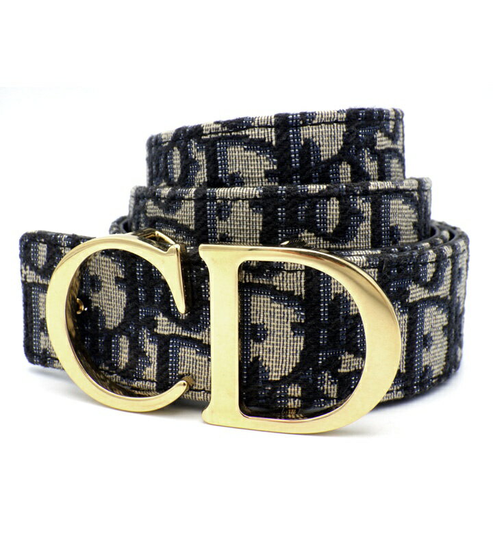 CHRISTIAN DIOR - ディオール DIOR オブリーク CD バックル レザー ベルト ネイビー×ベージュ サイズ80/32 h8132 【中古】