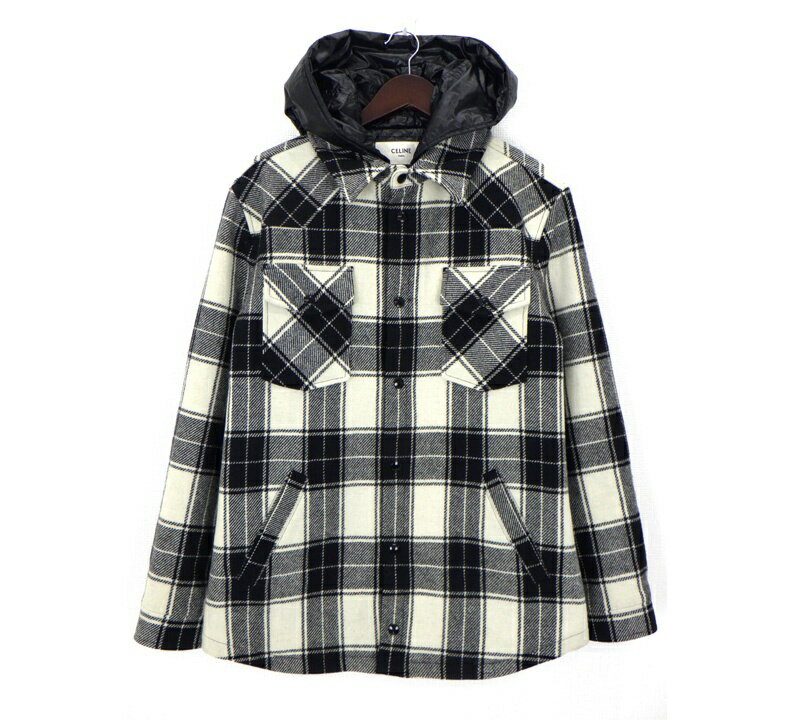 Rakuten - セリーヌ CELINE 21AW 【 Hooded Overshirt Checked Wool 2W410001O 】 フード 着脱式 オーバー サイズ ウール チェック シャツ ジャケット ブラック×オフホワイト サイズ48 50607 【中古】