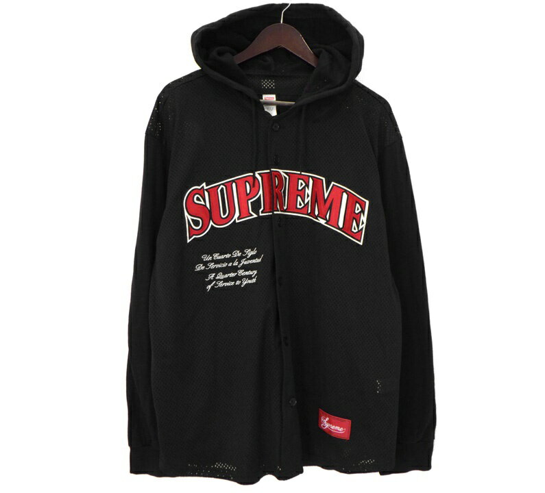 シュプリーム Supreme 20SS  フロント パッチ メッシュ ロングスリーブ フーディー ベースボール シャツ　ブラック　サイズXL　h8306
