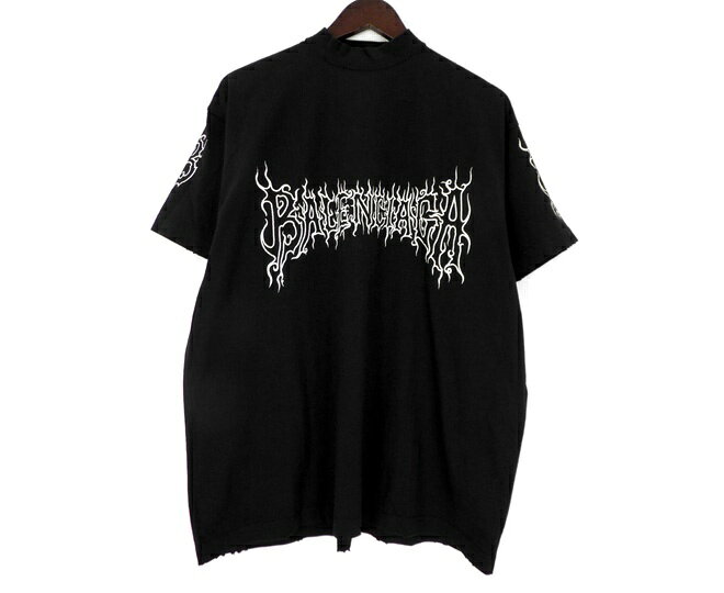 バレンシアガ BALENCIAGA 【 739028 TPVN5 DARKWAVE TEE 】 ダークウェーブ ダメージ加工 メタル ロゴ プリント Tシャツ ブラック サイズ1 53215 【中古】
