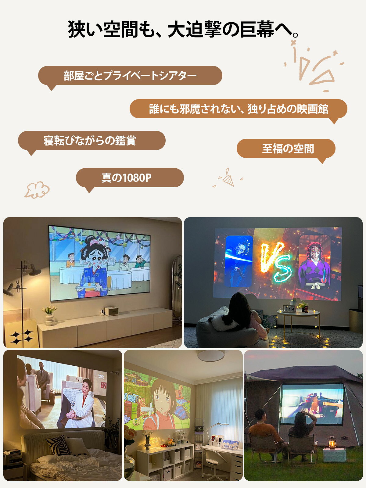 リットステーションの≪★1200円クーポンOFF≫【6月新発売 衝撃の真フルHD 1080P】プロジェクター 小型 家庭用 4K対応 32000LM Android TV 13.0搭載 Netflix YouTube対応 最大100インチ 270°回転 自動台形補正 Wi-Fi6 Bluetooth5.4 3Wスピーカー内蔵 高音質 ギフトに最適 2年保証｜アングル2