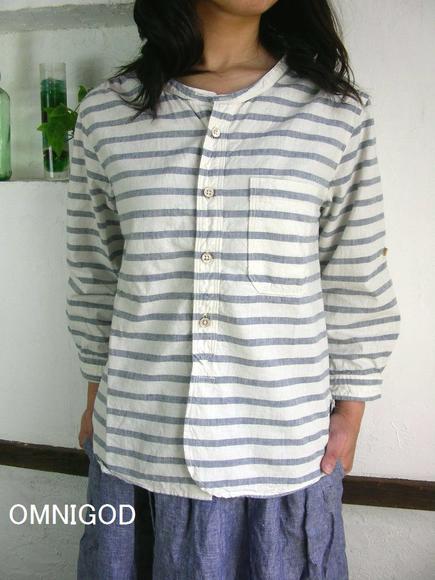 5％OFFクーポン配布中 OMNIGOD(オムニゴッド） シャンブレー 7分袖 スタンドカラーシャツ ...