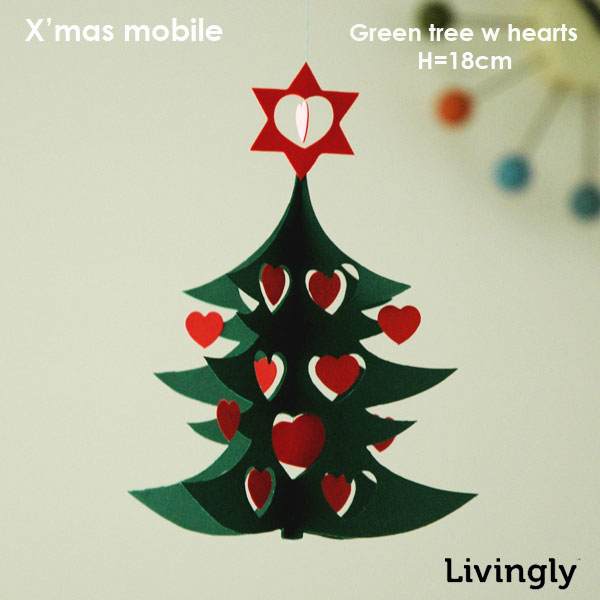 クリスマスツリー モビール18cm Livingly リビングリー Green tree w hearts double デンマーク 北欧クリスマスモビール