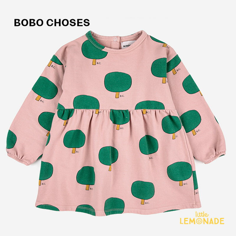 楽天リトルレモネード楽天市場店【BOBO CHOSES】Baby Green Tree all over dress 【12か月 / 24か月】 （223AB082）　長袖 オールオーバー ワンピース ツリーデザイン ピンク 木柄 むすめ服 ベビー服 UP IS DOWN リトルレモネード ボボショーズ アパレル YKZ AW23 SALE