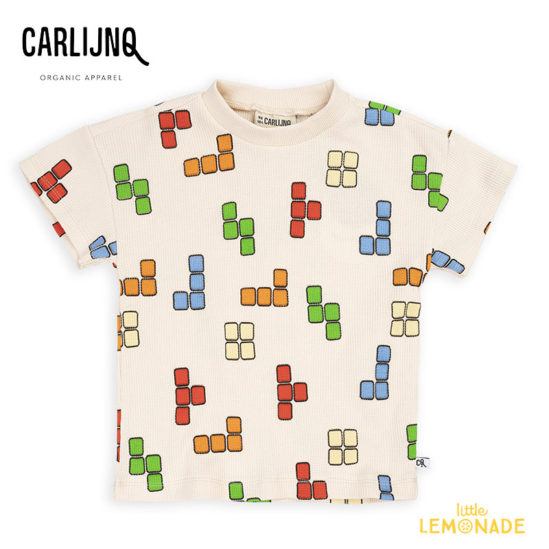 【CarlijnQ】Blox - crewneck t-shirt 【 86/92・98/104・110/116・122/128 】ブロック総柄 半袖 Tシャツ (SS24-BLX152) トップス ブルー テトリス カラフル ベビー服 子ども服 むすこ服 むすめ服 WHAT I LIKE カーラインク 海外子ども服 リトルレモネード あす楽 KTZ