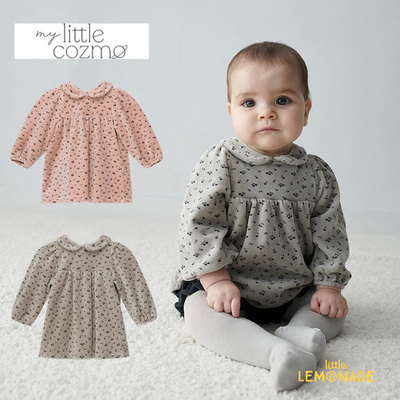 【MY LITTLE COZMO】 Velour baby dress | light grey / soft pink【12か月/24か月】(SCARLETTE186) 襟付き ベロア ベビー ドレス チェリー柄 長袖 ワンピース ベビー服 さくらんぼ BCI 認定 マイリトルコズモ アパレル リトルレモネード YKZ 22AW SALE