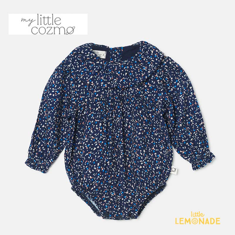  Mosaic baby romper (ANGELA242) モザイク ベビー ロンパース つなぎ 襟付き モザイク柄 ブルーブラック 海外子ども服 輸入アパレル むすめ服 むすこ服 マイリトルコズモ アパレル リトルレモネード YKZ AW23 SALE