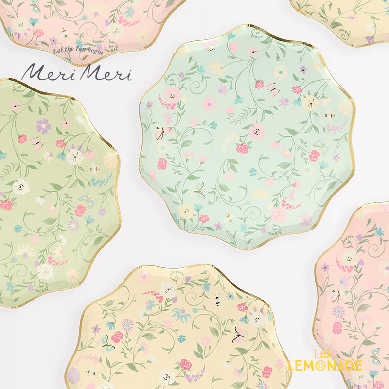 【Meri Meri】ラデュレ パリ フローラル サイド プレート 8枚入り Laduree Paris Floral Side Plates 紙皿 紙プレート 8色セット 花柄 ゴールド箔 スカラップ縁 オシャレ かわいい 277808 あす楽 リトルレモネード メリメリ