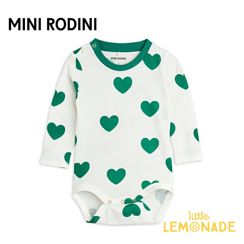 【Mini Rodini】 Hearts aop ls body Green 【68/74 (4か月-9か月) / 80/86 (9か月-1.5歳) 】 ベビー服 長袖 ボディ ロンパース ハート グリーン パイピング 総柄 パターン スウェーデン リトルレモネード ミニロディーニ (24640105) アパレル YKZ AW24pre