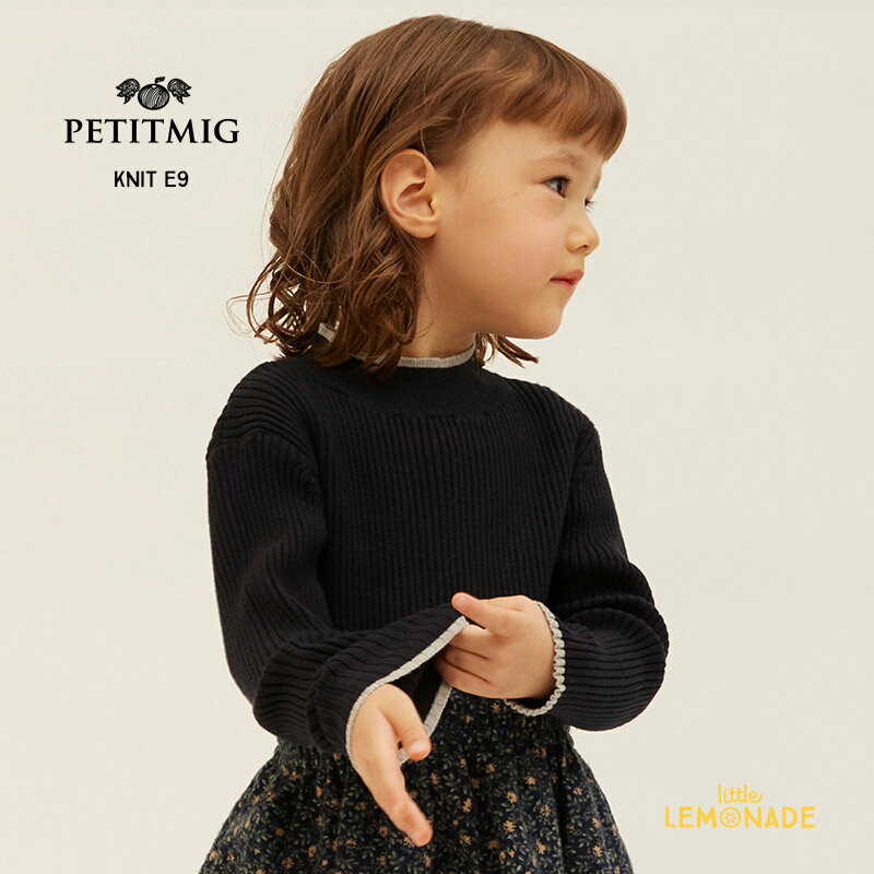 【PETITMIG】knit E9【1-2歳/80cm - 4-5歳/110cm】細リブ ニット 濃ネイビー 長袖 短めハイネック バイカラーアクセント トップス シンプル ベビー服 こども服 可愛い むすこ服 むすめ服 ユニセックス プチミグ リトルレモネード AW23YKZ SALE