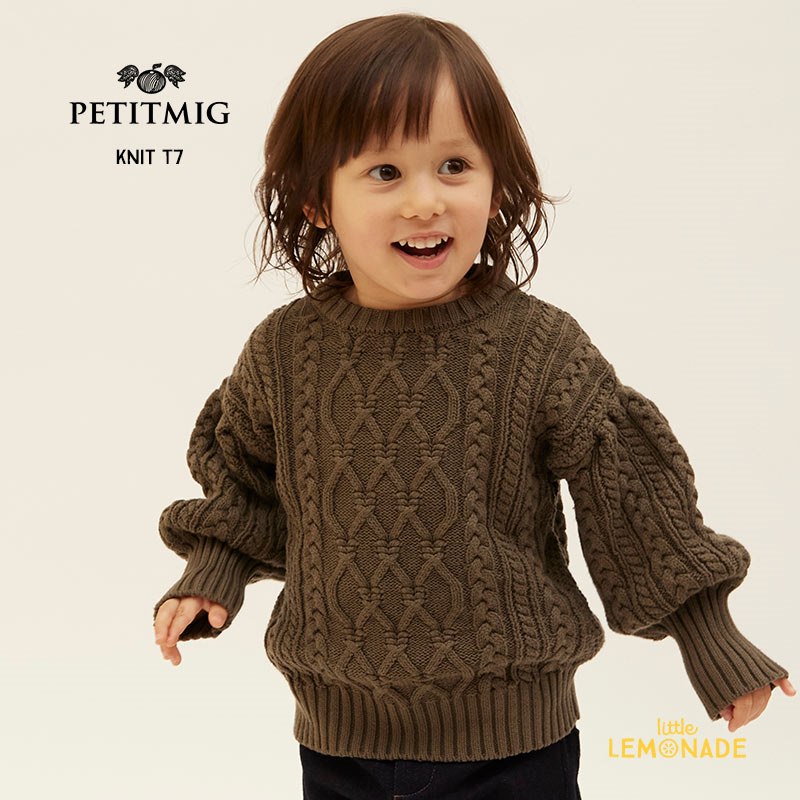 【PETITMIG】knit T7【1-2歳/80cm・2-3歳/90cm・3-4歳/100cm】ニット 深グリーン ケーブル編み コットン100% バルーン袖 長袖 トップス ベビー服 こども服 むすこ服 むすめ服 プチミグ リトルレモネード AW23 YKZ SALE