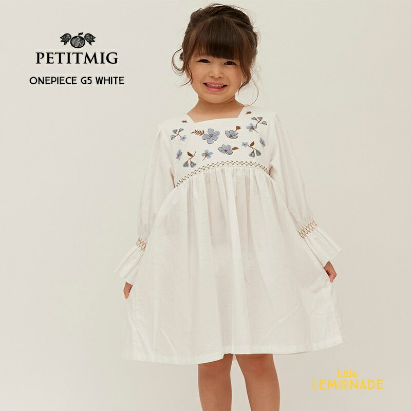 楽天リトルレモネード楽天市場店【PETITMIG】onepiece G5 white【1-2歳/80cm - 4-5歳/110cm】ワンピース ホワイト 長袖 ハイビスカス ブルー 刺繍 ベビー服 こども服 可愛い 女の子 むすめ服 プチミグ リトルレモネード Spring SS24 YKZ