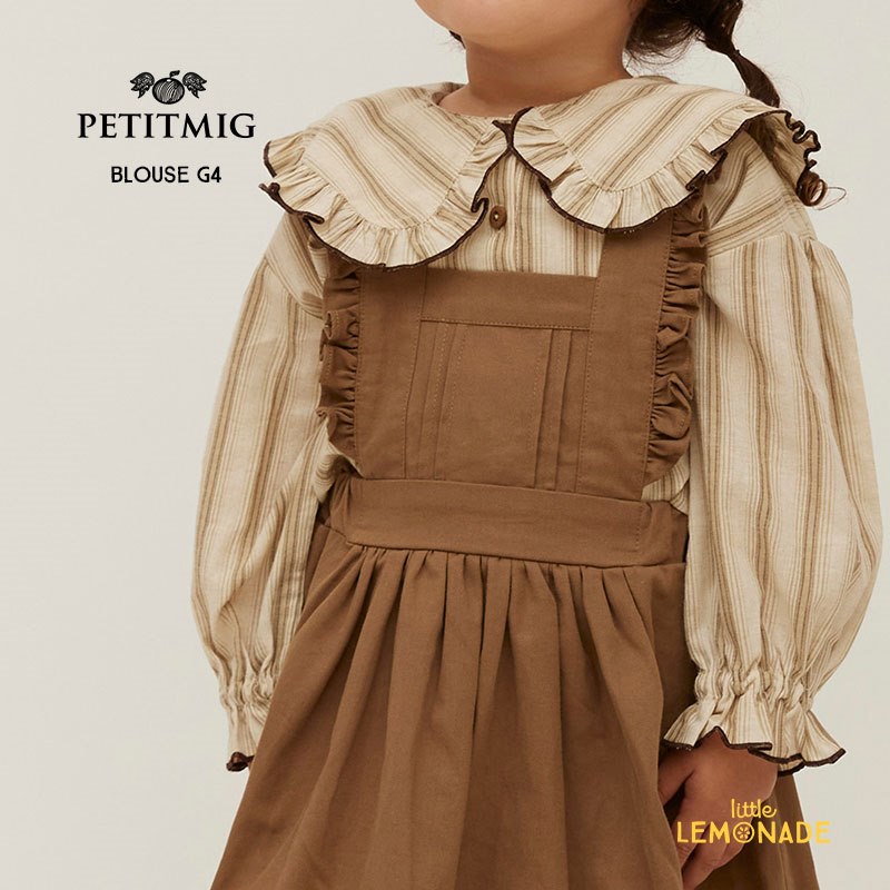 楽天リトルレモネード楽天市場店【PETITMIG】blouse G4 【1-2歳/80cm - 4-5歳/110cm】 ブラウス ライトブラウン ストライプ柄 ビッグカラー フリル襟 ベビー服 こども服 トップス 可愛い ユニセックスデザイン むすこ服 むすめ服 プチミグ リトルレモネード Spring SS24 YKZ