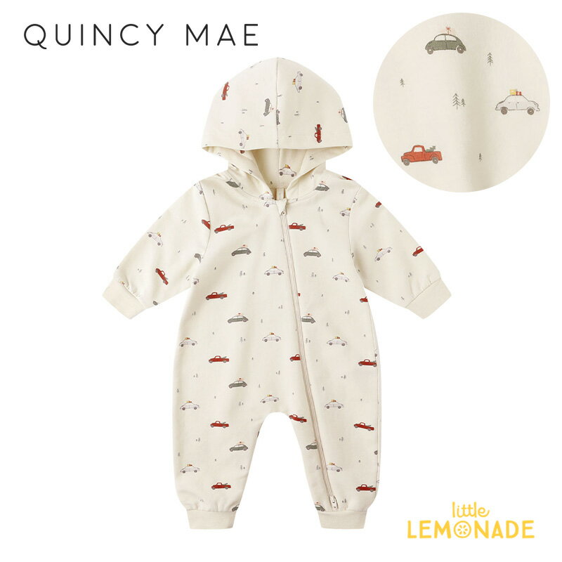 クインシーメイ HOODED JUMPSUIT || (3-6か月/6-12か月/12-18か月) CARS フード付き カバーオール ロンパース 長袖 ベビー Quincy Mae 赤ちゃん 子ども クリスマス ホワイト 新生児 出産祝い 出産準備 60/70/80cm リトルレモネード ベビー服 アパレル AW25 QM586ARTX KTZ