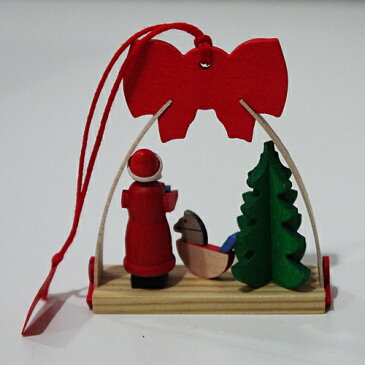 【クリスマス用品】Graupner:グラウプナー・赤いリボンのオーナメント・サンタと木馬［ Christmas：クリスマスオーナメント ］